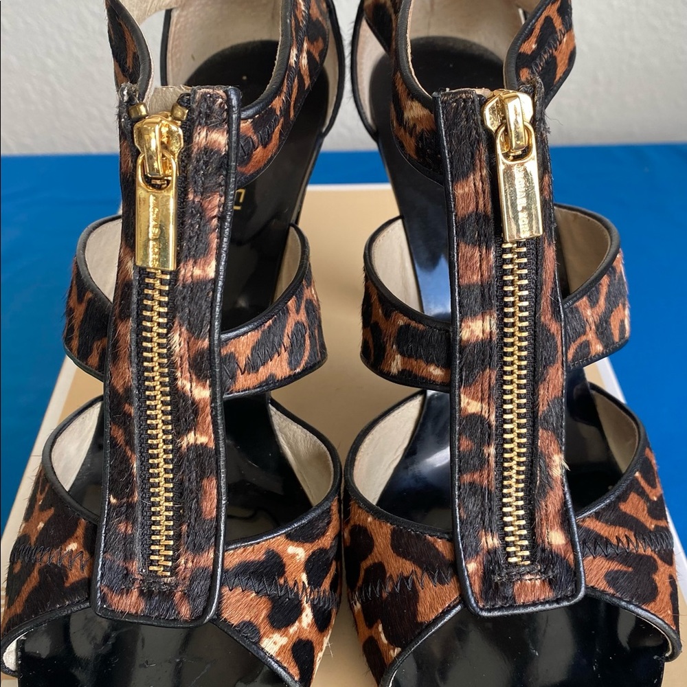 Michael Kors cheetah print sandal w/ gold detail zipper & 4” heel